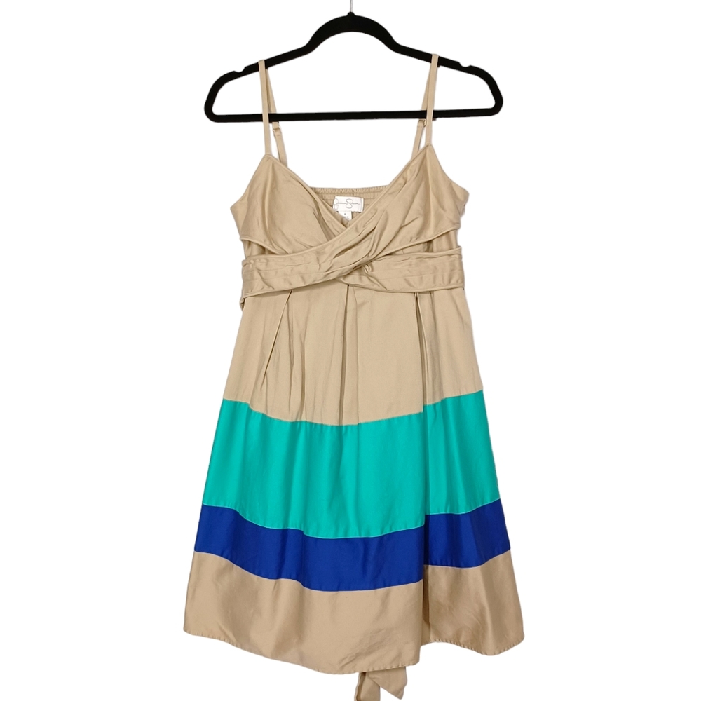 JESSICA SIMPSON Blue Mint Tan Stripe Print Sleeveless A-Line Stretchy Dress 8 M - Picture 3 of 11